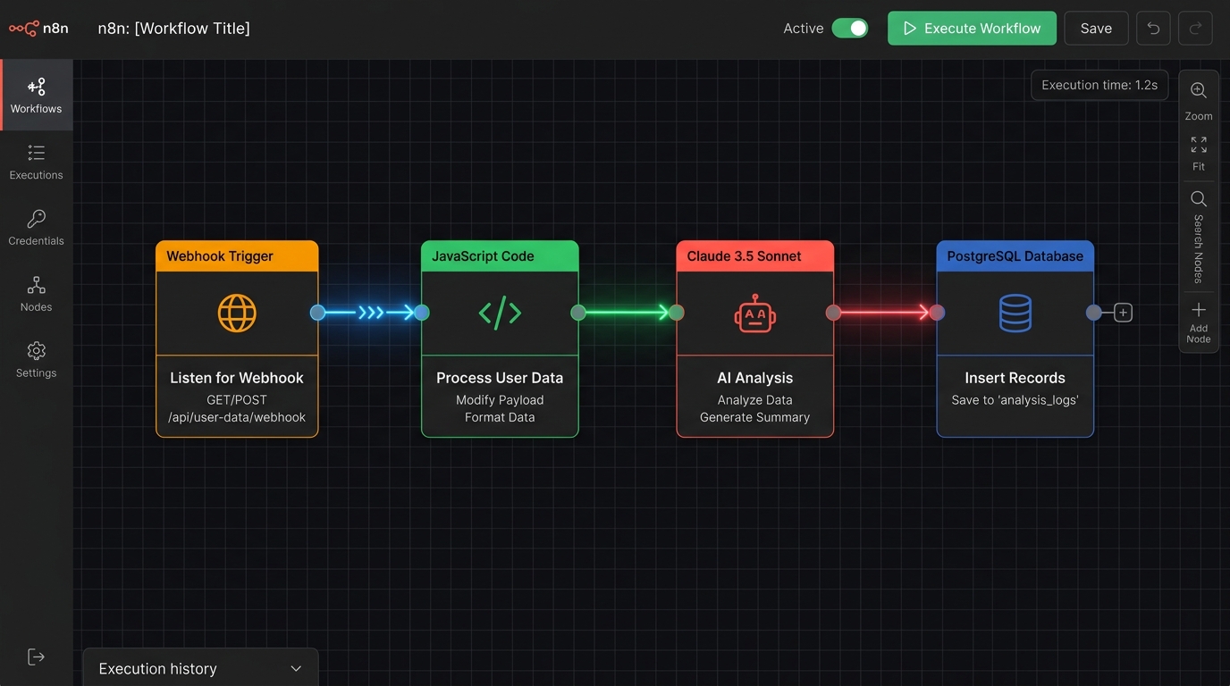 n8n workflow interface showing Webhook, Claude API, and database automation nodes
